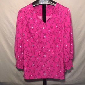 Ava & Viv Pink Floral Bird Top Secretary Top Elastic Cuffs Tie Neck Size 2X